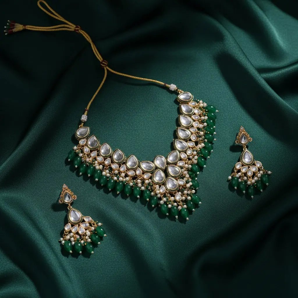 Sizzle Jewels Royal Green Kundan and Pearl Bridal Necklace Set with Earrings | Traditional Polki Jewelry for Weddings and Festive Occasions SIZZLE JEWELS