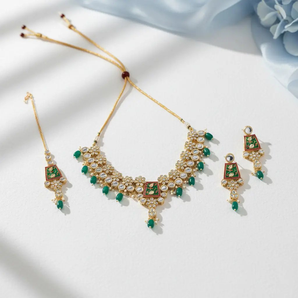 Sizzle Jewels Traditional Kundan and Meenakari Necklace Set with Green Beads – Elegant Bridal Jewellery
