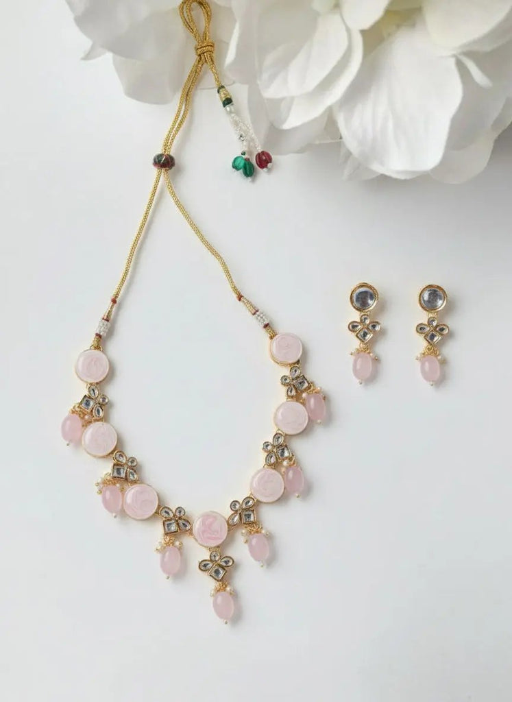 Sizzle Jewels Rose Pink Kundan Necklace Set for Women and Girls