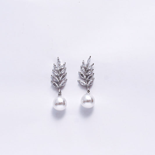 Elegant Silver-Plated Leaf Design Earrings with Pearl Drop – Stylish Party & Wedding Jewelry