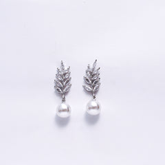 Elegant Silver-Plated Leaf Design Earrings with Pearl Drop – Stylish Party & Wedding Jewelry