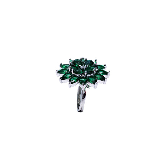Elegant Silver-Plated Emerald Floral Adjustable Ring for Women & Girls.