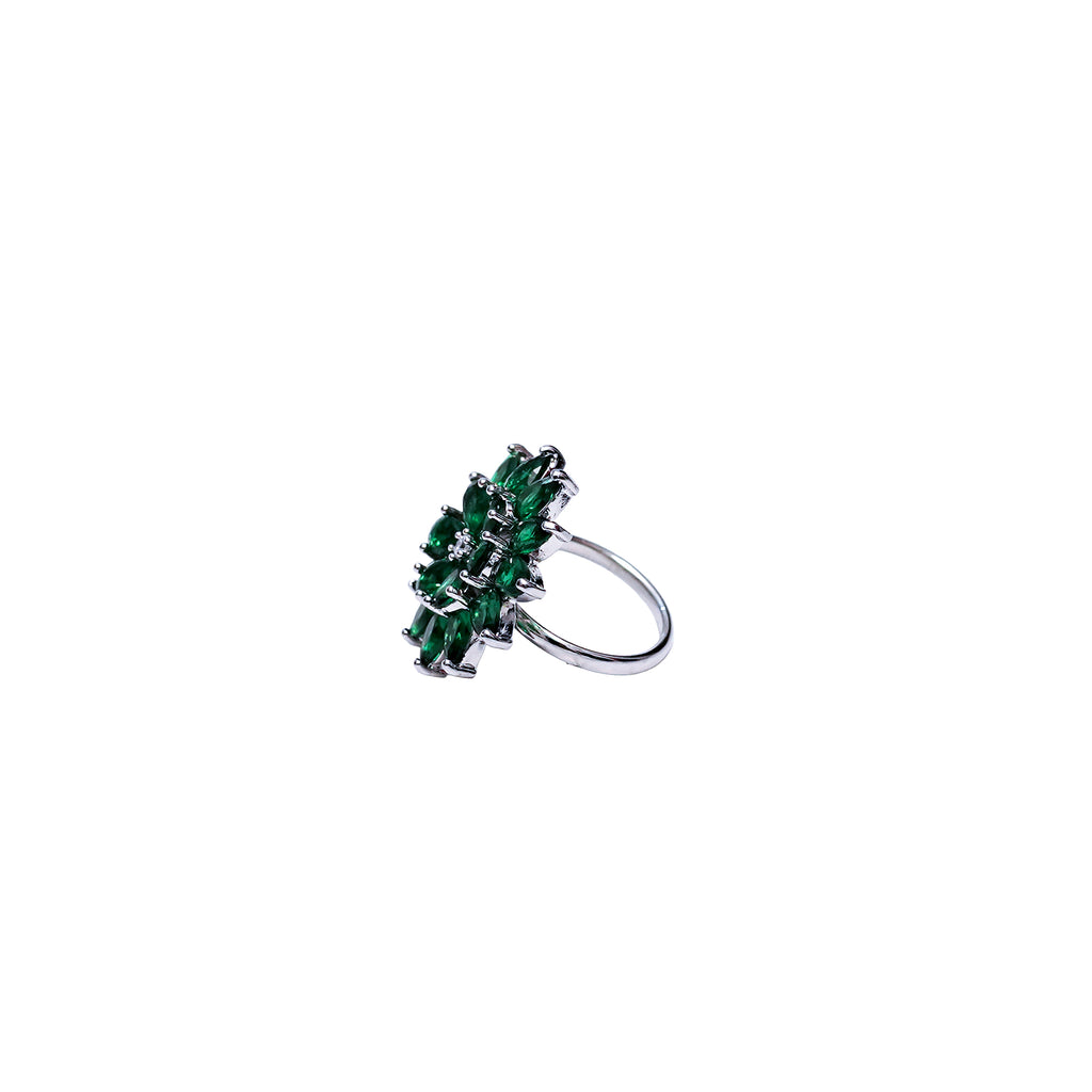 Elegant Silver-Plated Emerald Floral Adjustable Ring for Women & Girls.