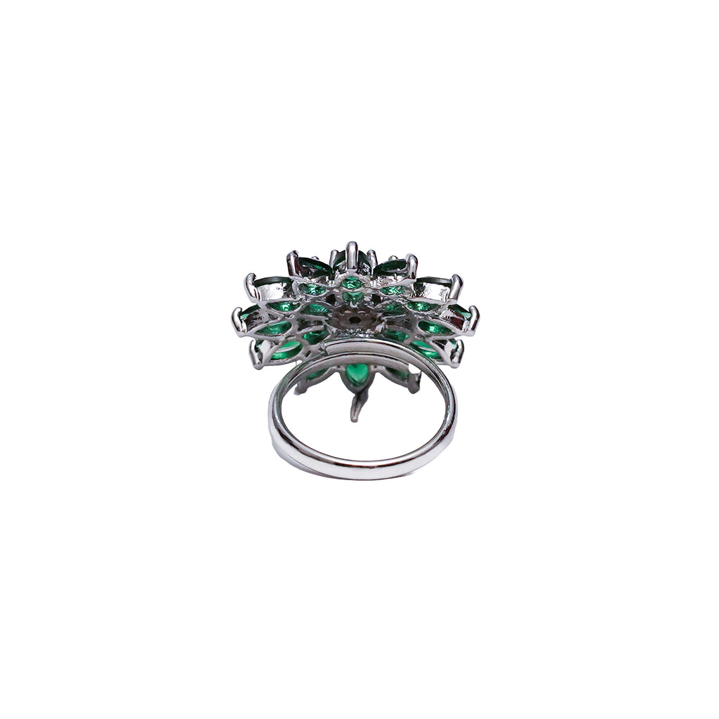 Elegant Silver-Plated Emerald Floral Adjustable Ring for Women & Girls.