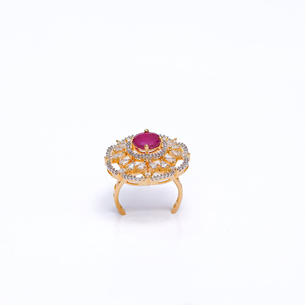 Elegant Gold-Plated Adjustable Ring with Ruby Stone & CZ Diamonds – Statement Cocktail Ring