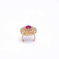 Elegant Gold-Plated Adjustable Ring with Ruby Stone & CZ Diamonds – Statement Cocktail Ring