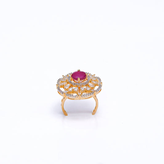 Elegant Gold-Plated Adjustable Ring with Ruby Stone & CZ Diamonds – Statement Cocktail Ring