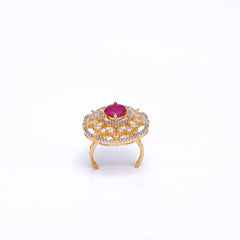 Elegant Gold-Plated Adjustable Ring with Ruby Stone & CZ Diamonds – Statement Cocktail Ring