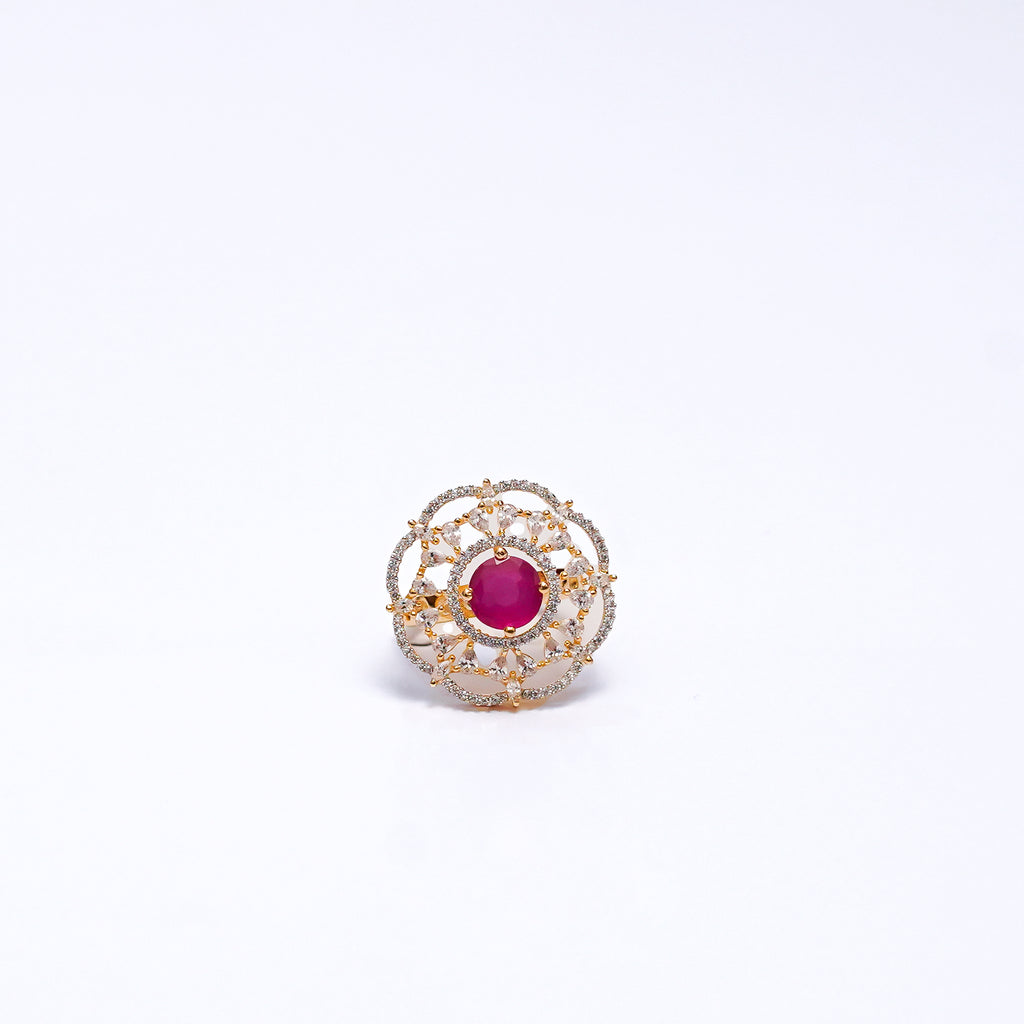 Elegant Gold-Plated Adjustable Ring with Ruby Stone & CZ Diamonds – Statement Cocktail Ring