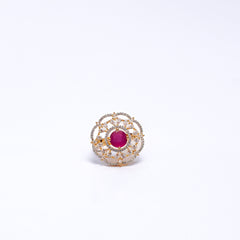Elegant Gold-Plated Adjustable Ring with Ruby Stone & CZ Diamonds – Statement Cocktail Ring