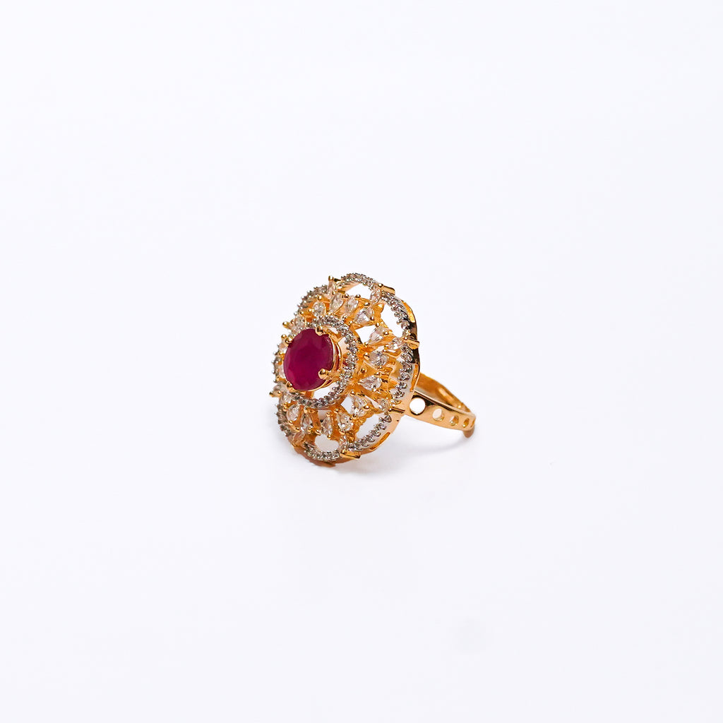 Elegant Gold-Plated Adjustable Ring with Ruby Stone & CZ Diamonds – Statement Cocktail Ring