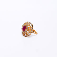 Elegant Gold-Plated Adjustable Ring with Ruby Stone & CZ Diamonds – Statement Cocktail Ring