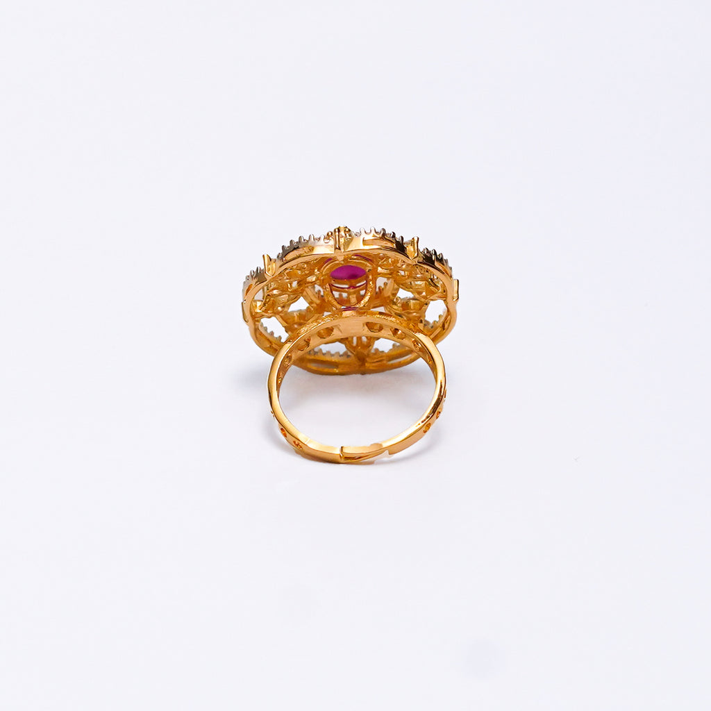 Elegant Gold-Plated Adjustable Ring with Ruby Stone & CZ Diamonds – Statement Cocktail Ring