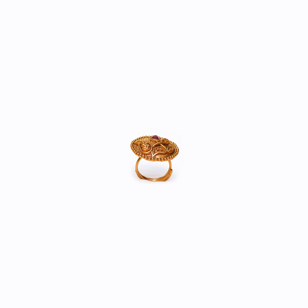 Handcrafted Antique Gold Adjustable Ring with Floral Leaf Design & Ruby Pink Stone