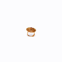 Handcrafted Antique Gold Adjustable Ring with Floral Leaf Design & Ruby Pink Stone