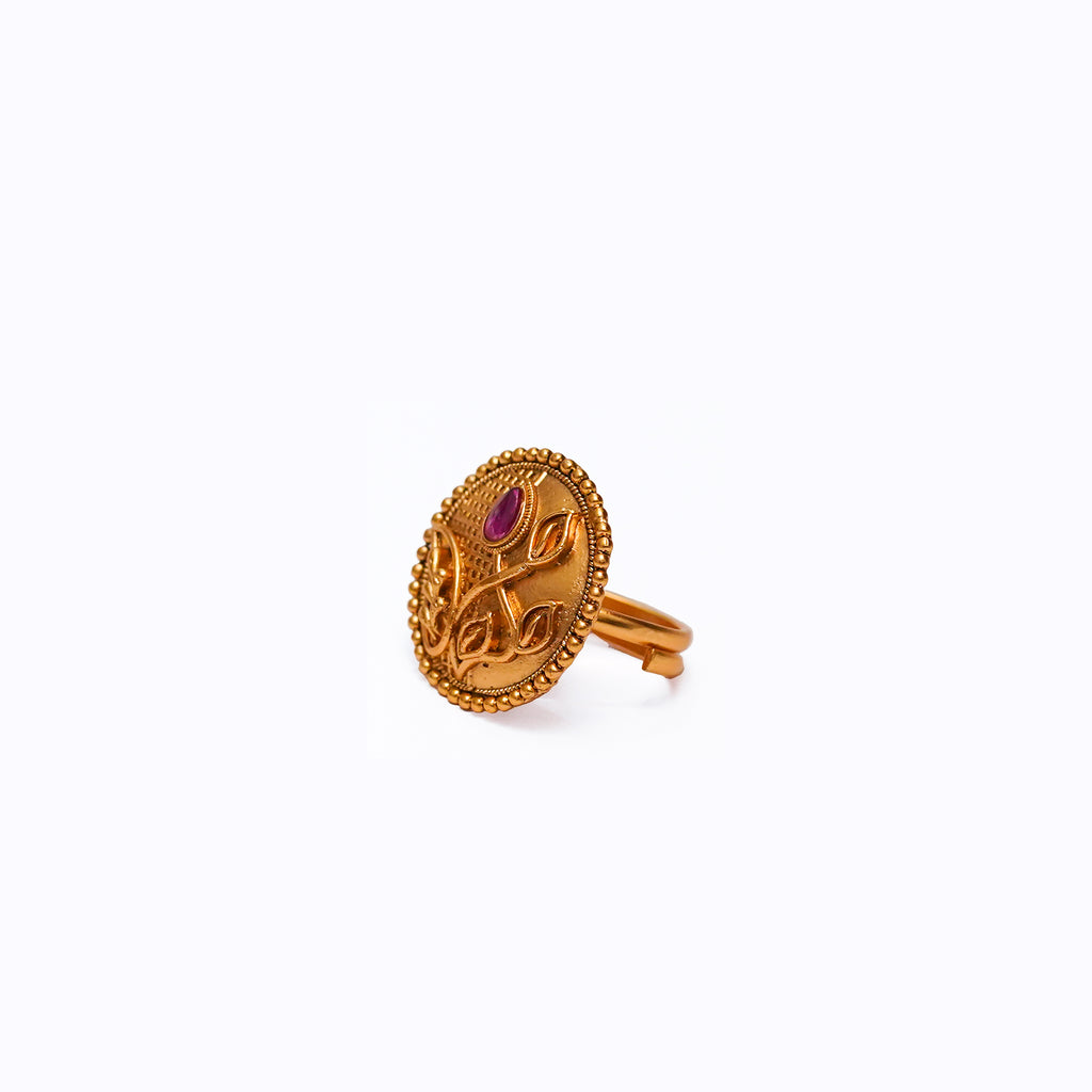 Handcrafted Antique Gold Adjustable Ring with Floral Leaf Design & Ruby Pink Stone