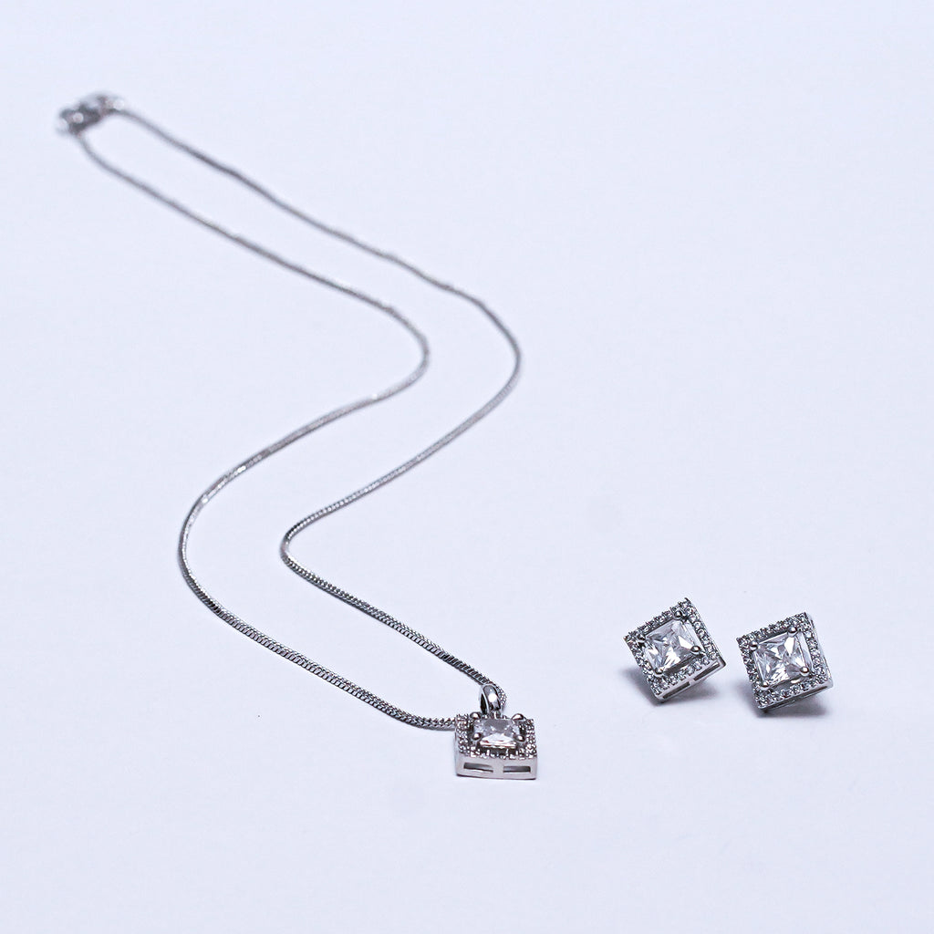 Elegant Silver-Plated Square Pendant Necklace & Earrings Set – Timeless Party & Wedding Jewelry for Women
