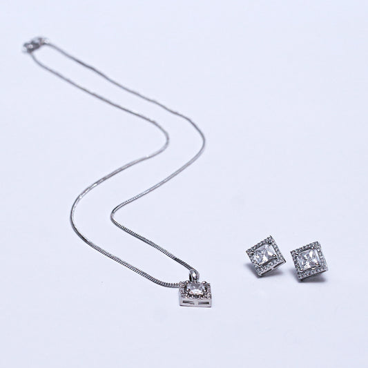 Elegant Silver-Plated Square Pendant Necklace & Earrings Set – Timeless Party & Wedding Jewelry for Women
