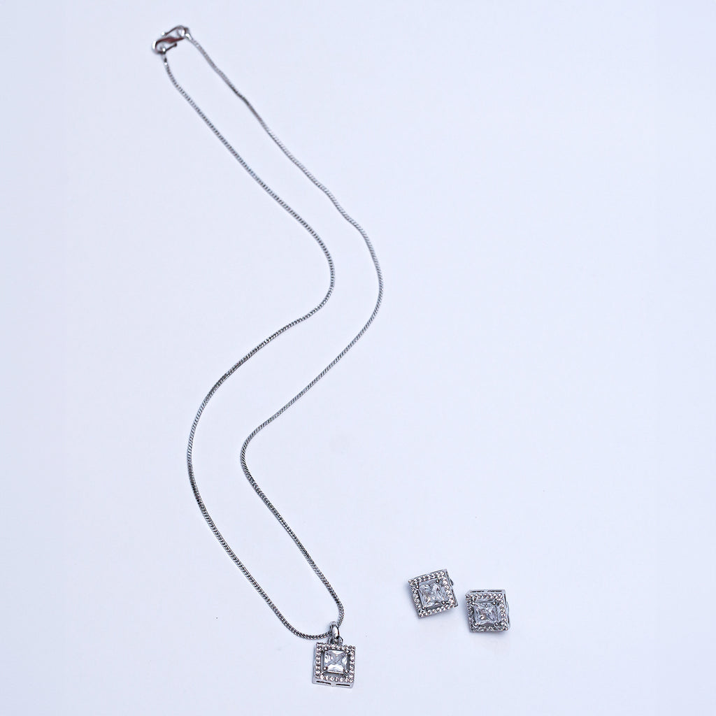 Elegant Silver-Plated Square Pendant Necklace & Earrings Set – Timeless Party & Wedding Jewelry for Women