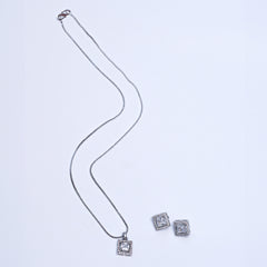 Elegant Silver-Plated Square Pendant Necklace & Earrings Set – Timeless Party & Wedding Jewelry for Women