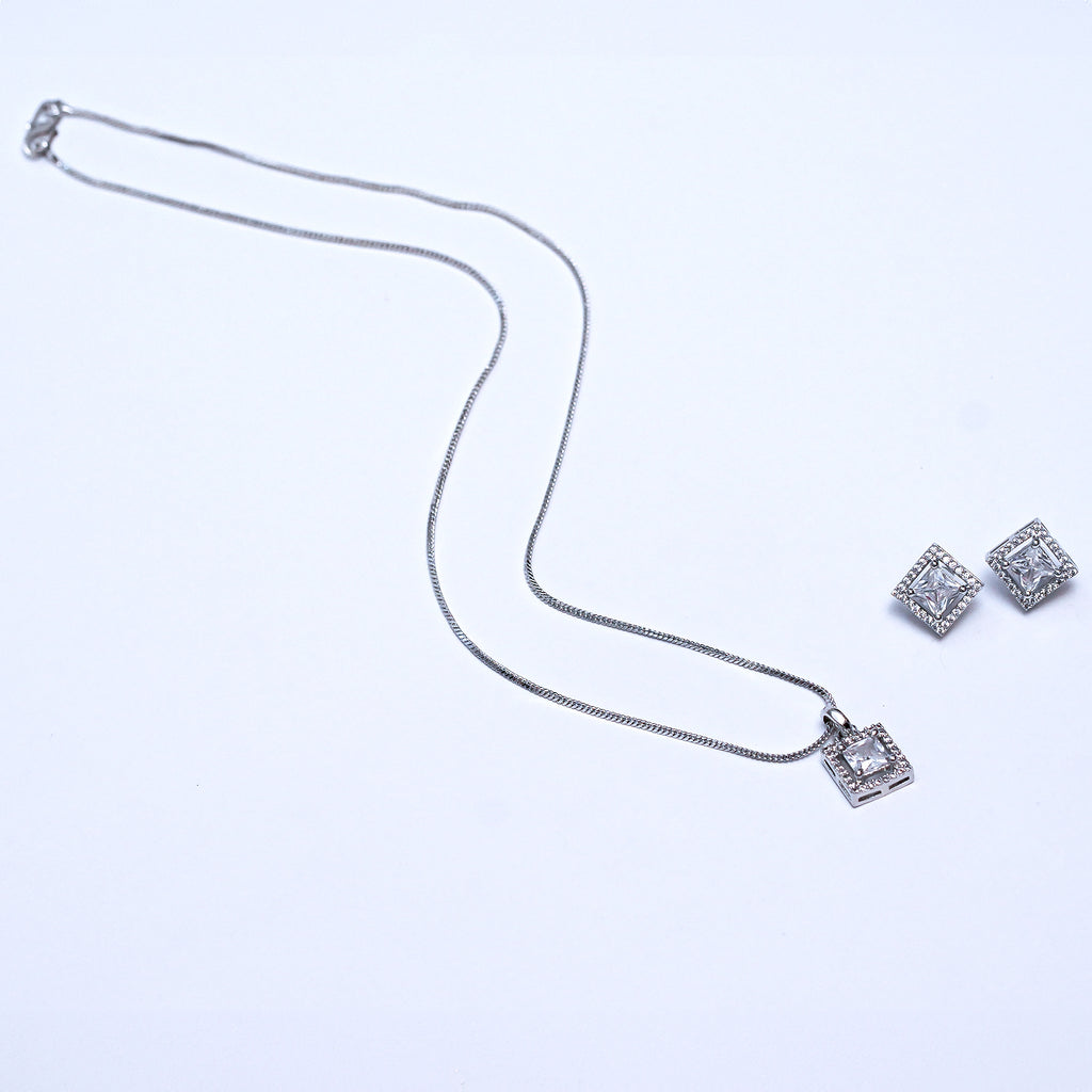 Elegant Silver-Plated Square Pendant Necklace & Earrings Set – Timeless Party & Wedding Jewelry for Women
