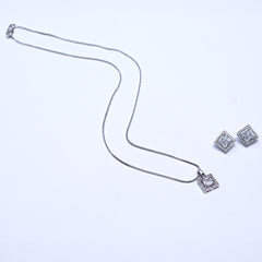 Elegant Silver-Plated Square Pendant Necklace & Earrings Set – Timeless Party & Wedding Jewelry for Women