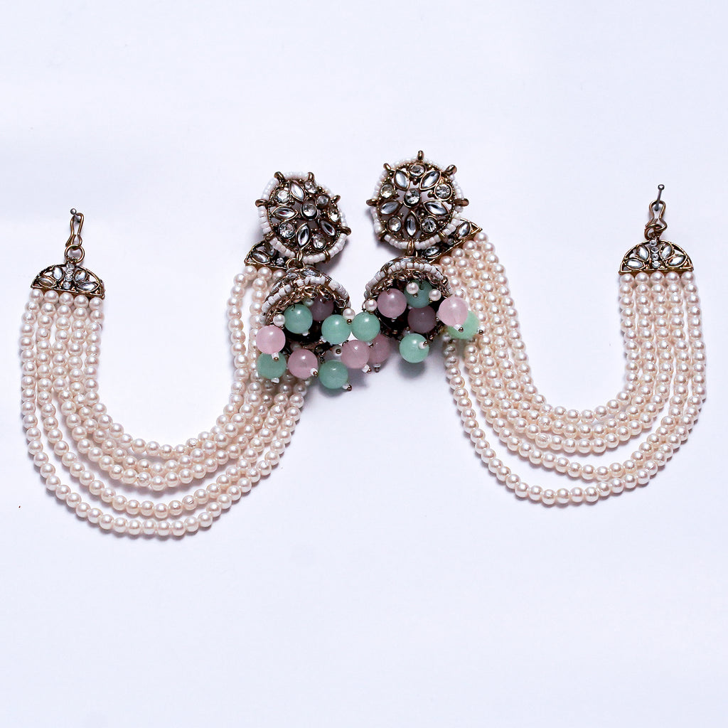 Traditional Kundan & Pearl Earrings with Green and Pink Beads – Bridal & Festive Jewelry Set