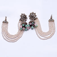 Traditional Kundan & Pearl Earrings with Green and Pink Beads – Bridal & Festive Jewelry Set