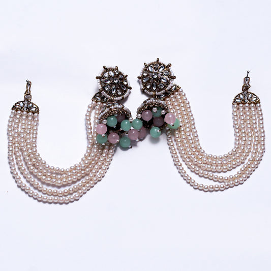 Traditional Kundan & Pearl Earrings with Green and Pink Beads – Bridal & Festive Jewelry Set