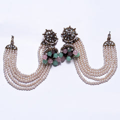 Traditional Kundan & Pearl Earrings with Green and Pink Beads – Bridal & Festive Jewelry Set