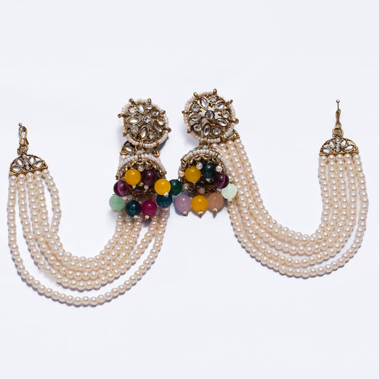 Traditional Kundan Pearl Earrings with Colorful Beads – Bridal & Festive Jewelry