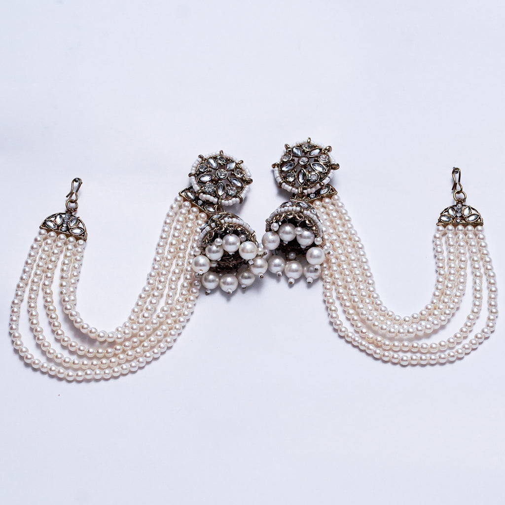 Elegant Kundan & Pearl Earrings with Multi-Layered Side Chains – Traditional Bridal Jewelry