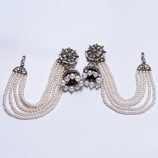 Elegant Kundan & Pearl Earrings with Multi-Layered Side Chains – Traditional Bridal Jewelry