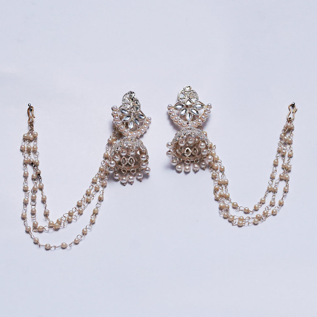 Traditional Pearl Jhumka Earrings with Kundan & Double Layered Ear Chain – Bridal & Festive Jewelry