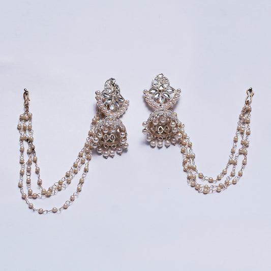Traditional Pearl Jhumka Earrings with Kundan & Double Layered Ear Chain – Bridal & Festive Jewelry