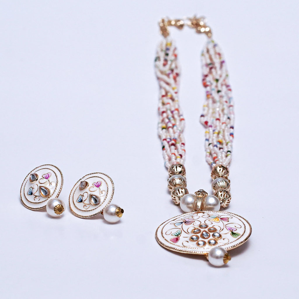 Handcrafted Meenakari Pendant Necklace Set with Multicolor Beads & Earrings – Traditional Indian Jewelry
