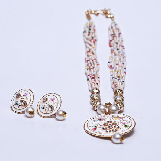 Handcrafted Meenakari Pendant Necklace Set with Multicolor Beads & Earrings – Traditional Indian Jewelry