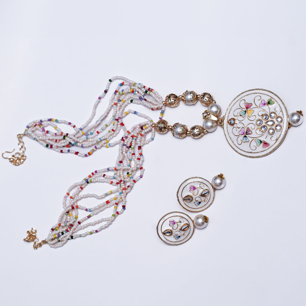 Handcrafted Meenakari Pendant Necklace Set with Multicolor Beads & Earrings – Traditional Indian Jewelry