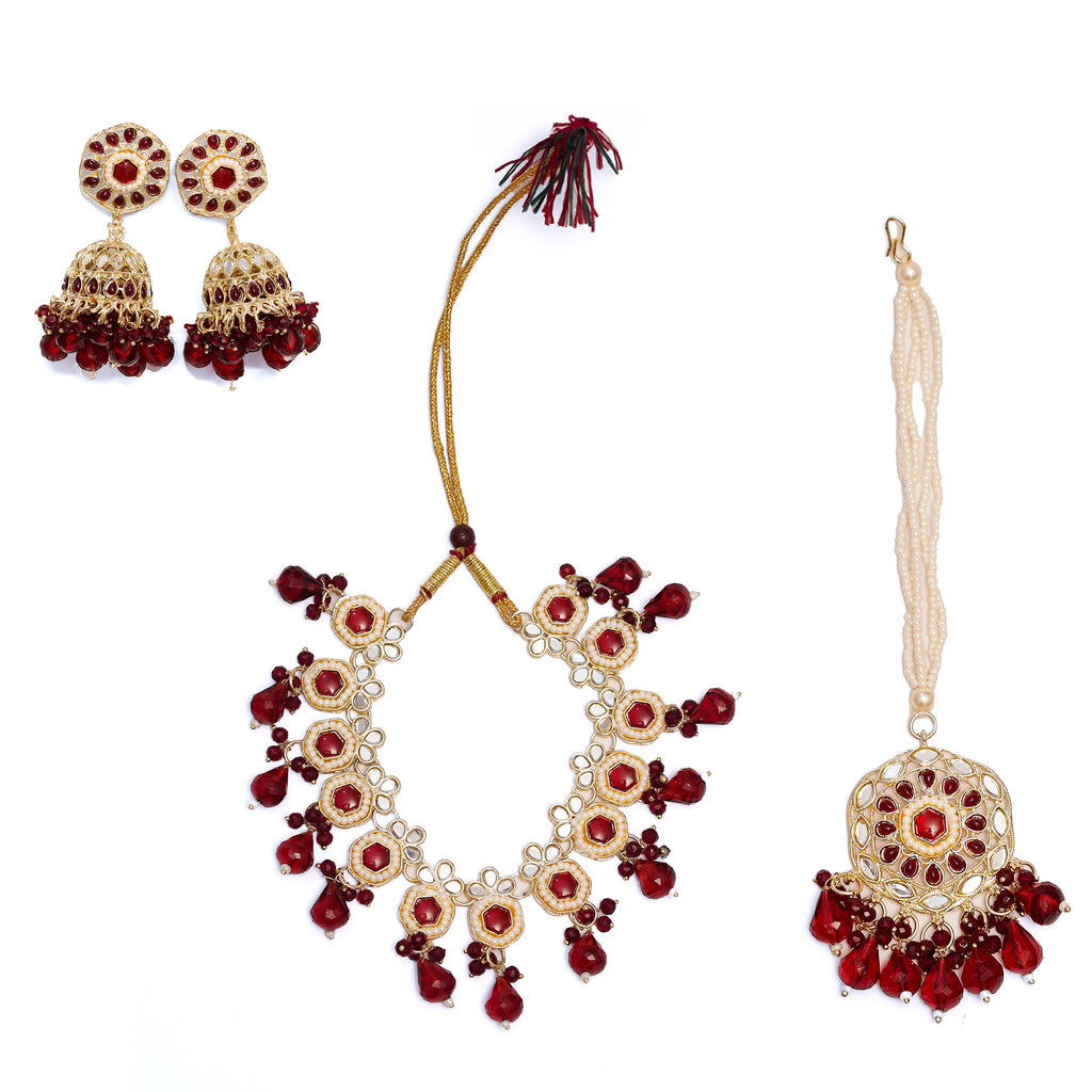 Bridal Kundan Necklace Set with Red Beads, Earrings & Maang Tikka – Traditional Indian Wedding Jewelry