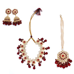 Bridal Kundan Necklace Set with Red Beads, Earrings & Maang Tikka – Traditional Indian Wedding Jewelry