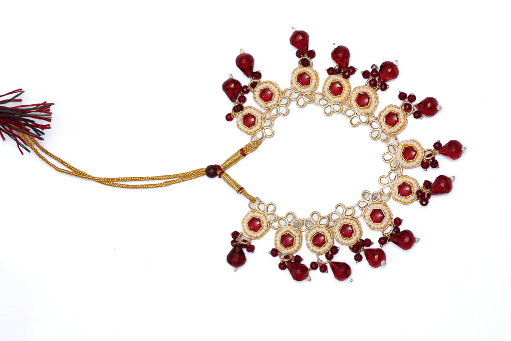 Bridal Kundan Necklace Set with Red Beads, Earrings & Maang Tikka – Traditional Indian Wedding Jewelry