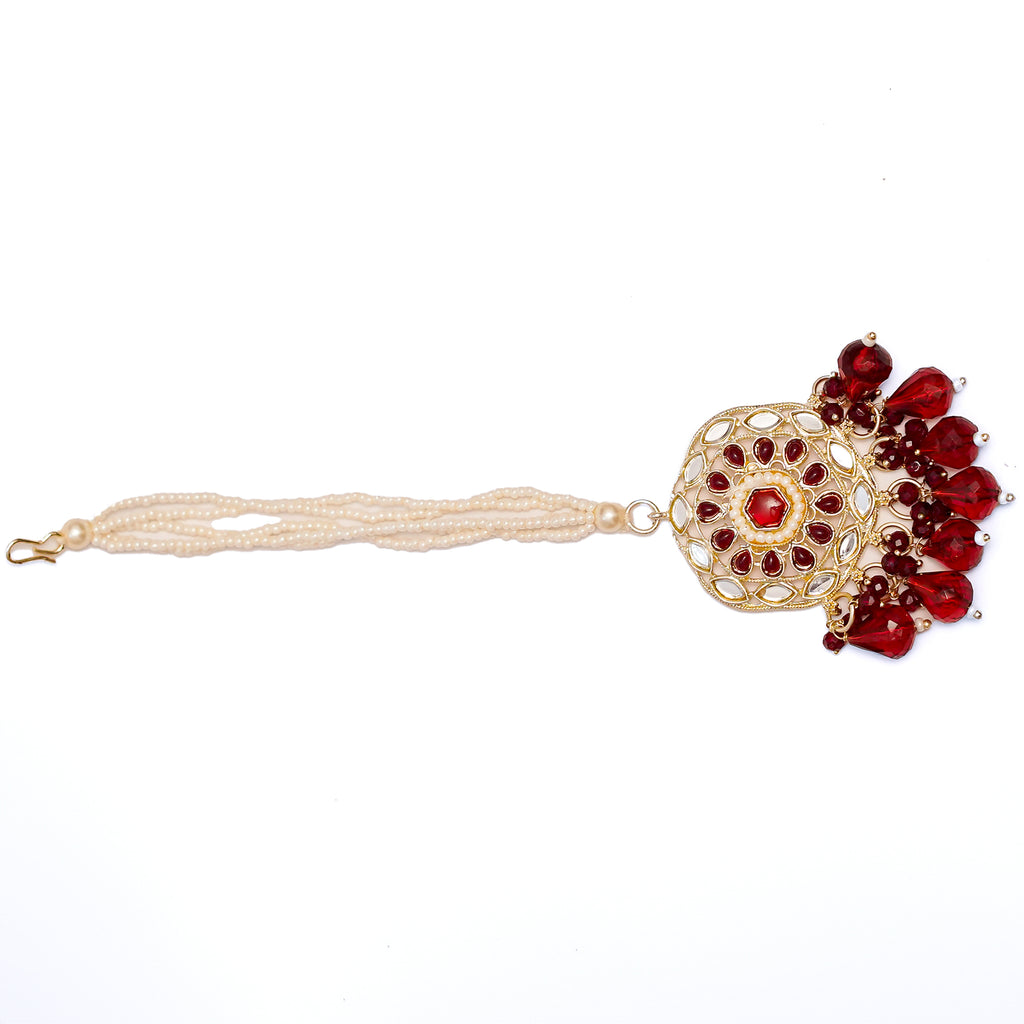 Bridal Kundan Necklace Set with Red Beads, Earrings & Maang Tikka – Traditional Indian Wedding Jewelry