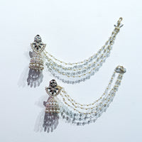 Traditional Pearl Jhumka Earrings with Kundan & Double Layered Ear Chain – Bridal & Festive Jewelry