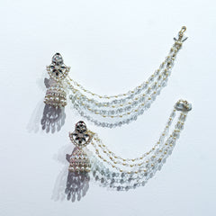 Traditional Pearl Jhumka Earrings with Kundan & Double Layered Ear Chain – Bridal & Festive Jewelry