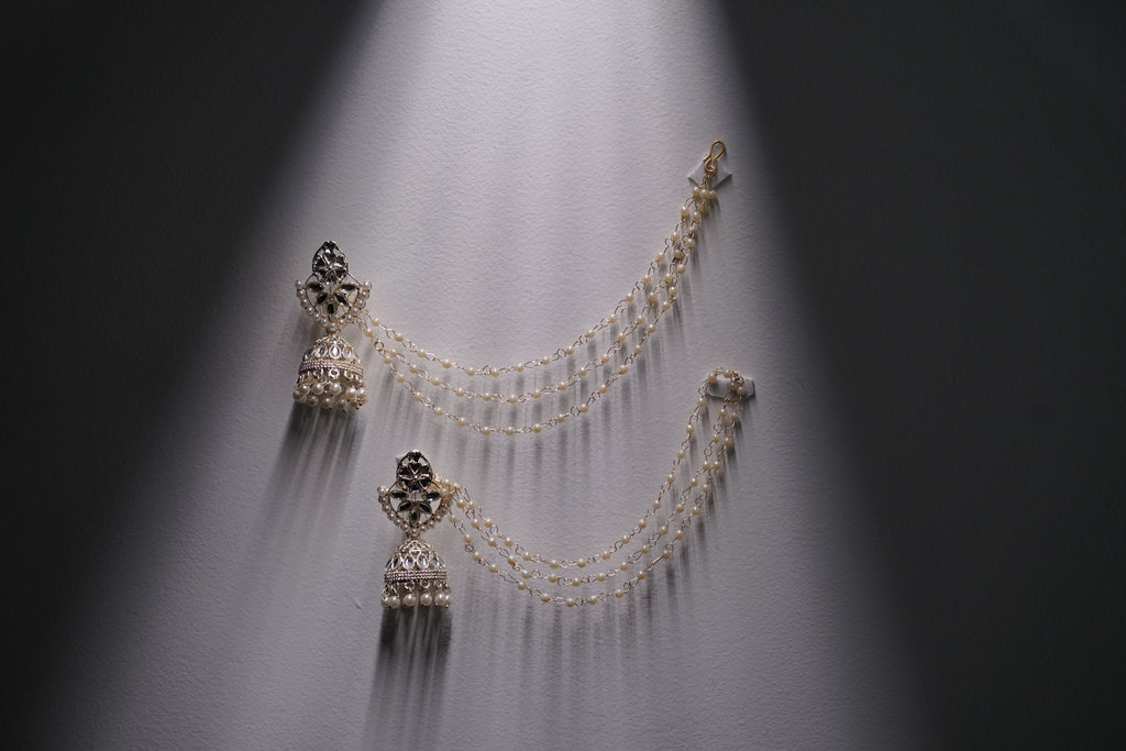 Traditional Pearl Jhumka Earrings with Kundan & Double Layered Ear Chain – Bridal & Festive Jewelry
