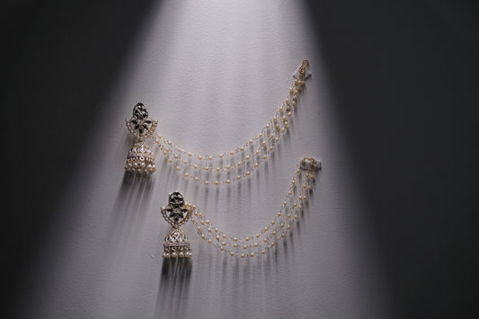 Traditional Pearl Jhumka Earrings with Kundan & Double Layered Ear Chain – Bridal & Festive Jewelry
