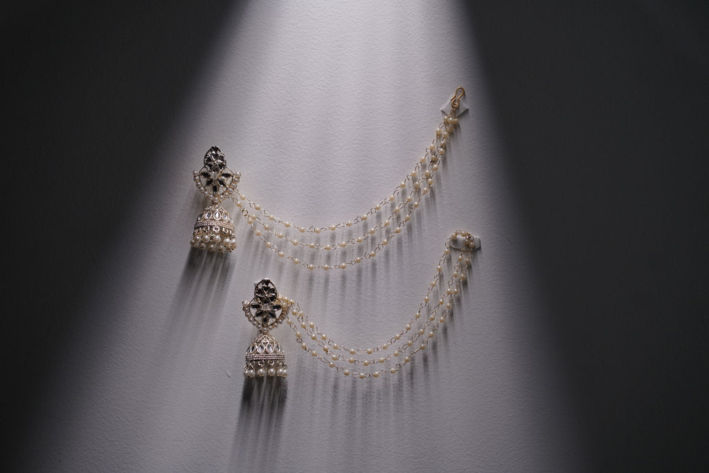 Traditional Pearl Jhumka Earrings with Kundan & Double Layered Ear Chain – Bridal & Festive Jewelry
