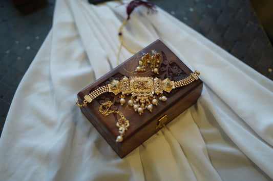 💫 Traditional Gold-Plated Necklace Set with Earrings & Maang Tikka – Pearl & Kundan Indian Bridal Jewelry 💫