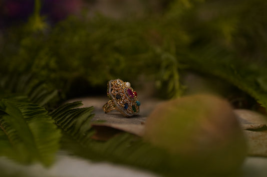 ✨ Designer Navratna Adjustable Ring – Colourful Gemstone Gold Polish ✨