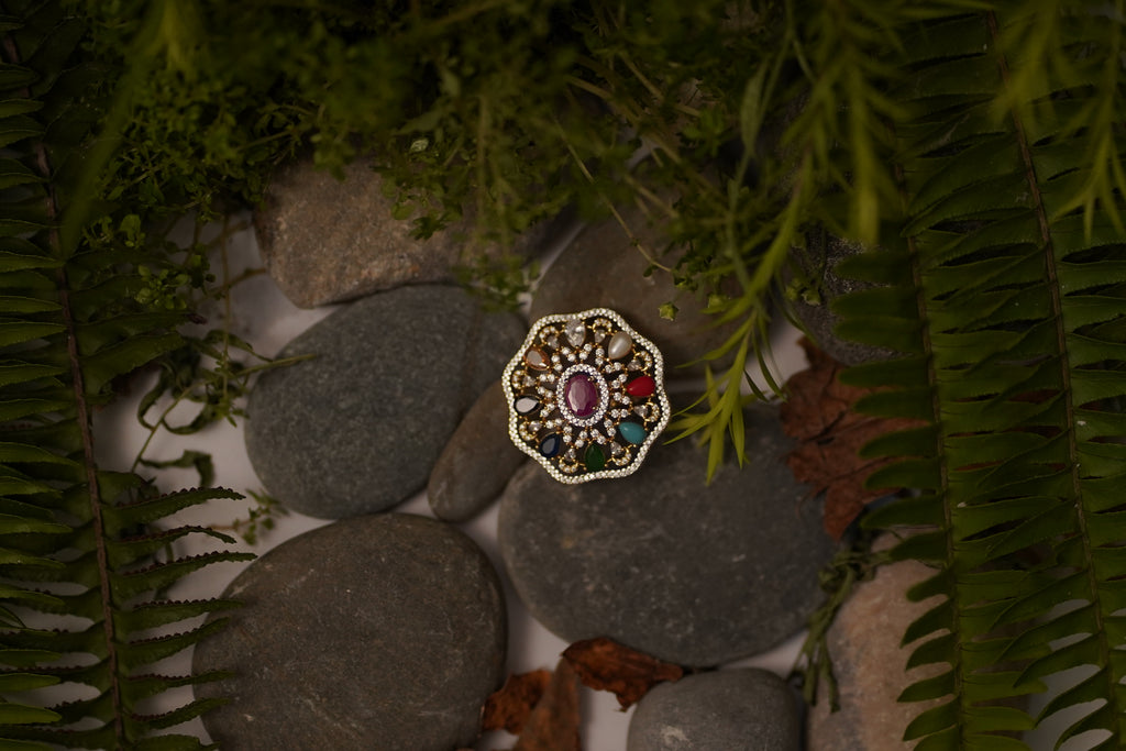 ✨ Designer Navratna Adjustable Ring – Colourful Gemstone Gold Polish ✨